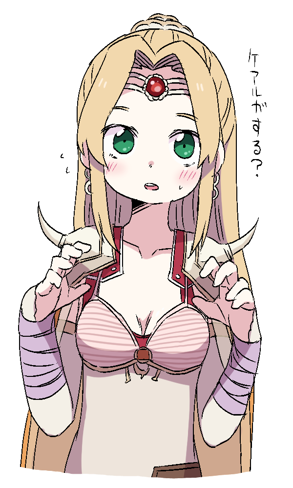 1girl armor blonde_hair blush breasts cape dokan_(dkn) duplicate earrings final_fantasy final_fantasy_iv green_eyes jewelry long_hair looking_at_viewer open_mouth ponytail rosa_farrell simple_background solo white_background
