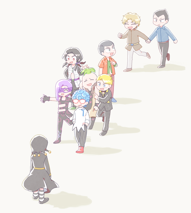 6+boys arm_behind_head belt black_hair blonde_hair blue_eyes blue_hair brown_hair closed_eyes coat collared_shirt commentary_request eye_mask fingerless_gloves formaggio formal_clothes gelato_(jojo) ghiaccio glasses gloves green_hair grey_hair hands_in_pockets hat holding_hands illuso jewelry jojo_no_kimyou_na_bouken kome_jo long_hair long_sleeves male_focus melone multiple_boys necklace open_mouth outstretched_arms pants pesci pointing pointing_at_another prosciutto purple_hair red-framed_eyewear red_eyes risotto_nero shirt short_hair sleeveless sleeveless_coat smile sorbet_(jojo) standing standing_on_one_leg striped_clothes striped_pants suit vento_aureo very_short_hair wristband