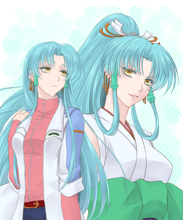 1girl 459 aqua_hair banpresto blue_hair blush earrings glacies jacket japanese_clothes jewelry kimono long_hair ponytail shiwa_(utaha) smile super_robot_wars super_robot_wars_destiny super_robot_wars_original_generation the_2nd_super_robot_wars_og very_long_hair yellow_eyes