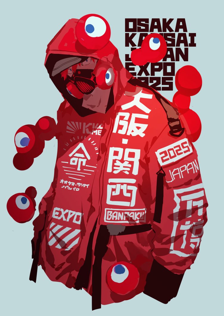 1boy baseball_cap black_hat blue_background blue_eyes copyright_name cropped_torso expo2025 gas_mask hand_in_pocket hat head_tilt hood hood_up jacket looking_at_viewer male_focus mask myaku-myaku otani_(gloria) personification red_hair red_jacket simple_background solo