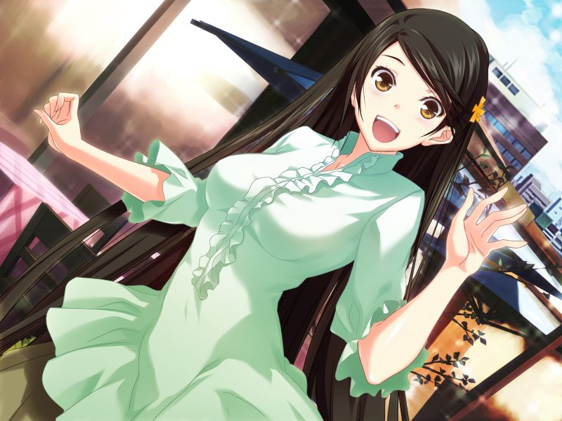 1girl :d black_hair breasts brown_eyes brown_skirt collarbone day dutch_angle flower game_cg green_shirt hair_flower hair_ornament hazakura_seiso kawagishi_keitarou long_hair looking_at_viewer maji_de_watashi_ni_koi_shinasai! medium_breasts open_mouth outdoors shirt skirt smile solo straight_hair swept_bangs very_long_hair yellow_flower