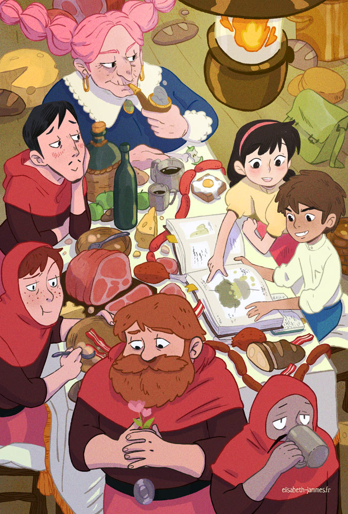 2girls 5boys beard blue_dress blush book braided_twintails bread brown_hair charles_(laputa) cheese cup dark-skinned_male dark_skin dola_(laputa) dress drinking earrings egg facial_hair flower food freckles hairband henri_(laputa) holding holding_cup holding_flower holding_smoking_pipe hood jewelry ko_(laputa) louis_(laputa) meat multiple_boys multiple_girls mustache pazu pink_hair puffy_short_sleeves puffy_sleeves red_hair red_hood sheeta short_sleeves smoking_pipe tenkuu_no_shiro_laputa twitter_username zabichat