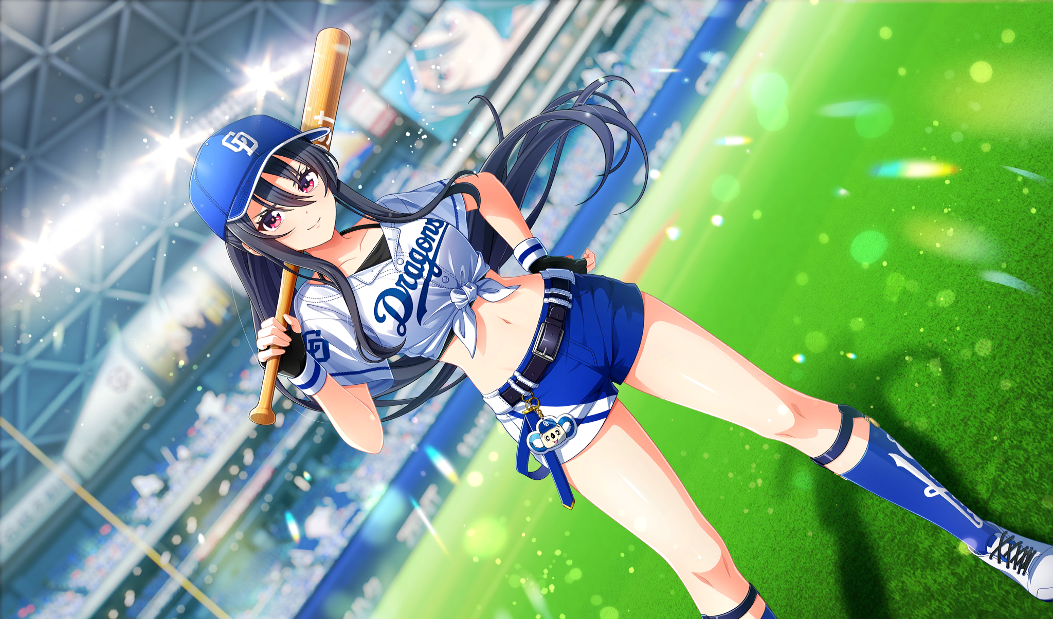 1girl baseball_bat baseball_cap baseball_stadium baseball_uniform belt belt_buckle black_belt black_gloves black_hair black_undershirt blue_hat blue_socks blurry buckle chunichi_dragons cinderella_series closed_mouth depth_of_field dutch_angle film_grain fingerless_gloves foot_out_of_frame game_cg gloves hachigatsu_no_cinderella_nine hair_between_eyes hand_on_own_hip hat high_ponytail highres holding holding_baseball_bat indoors lens_flare light_particles long_hair looking_at_viewer nagoya_dome navel nippon_professional_baseball non-web_source official_alternate_hairstyle official_art on_grass ponytail red_eyes shinonome_ryo shirt short_sleeves shorts sidelocks smile socks solo sportswear standing tied_shirt two-tone_shorts two-tone_wristband v-shaped_eyebrows very_long_hair white_footwear white_shirt wristband