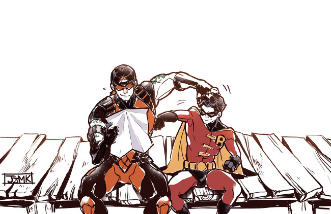 2boys artist_name baseball_cap batman_(series) black_footwear black_gloves black_hair bodysuit boots dc_comics domino_mask full_body gloves hat jason_todd jjmk-jjmk male_focus mask multiple_boys muscular muscular_male orange_hair pants red_bodysuit roy_harper short_hair superhero_costume two-tone_bodysuit