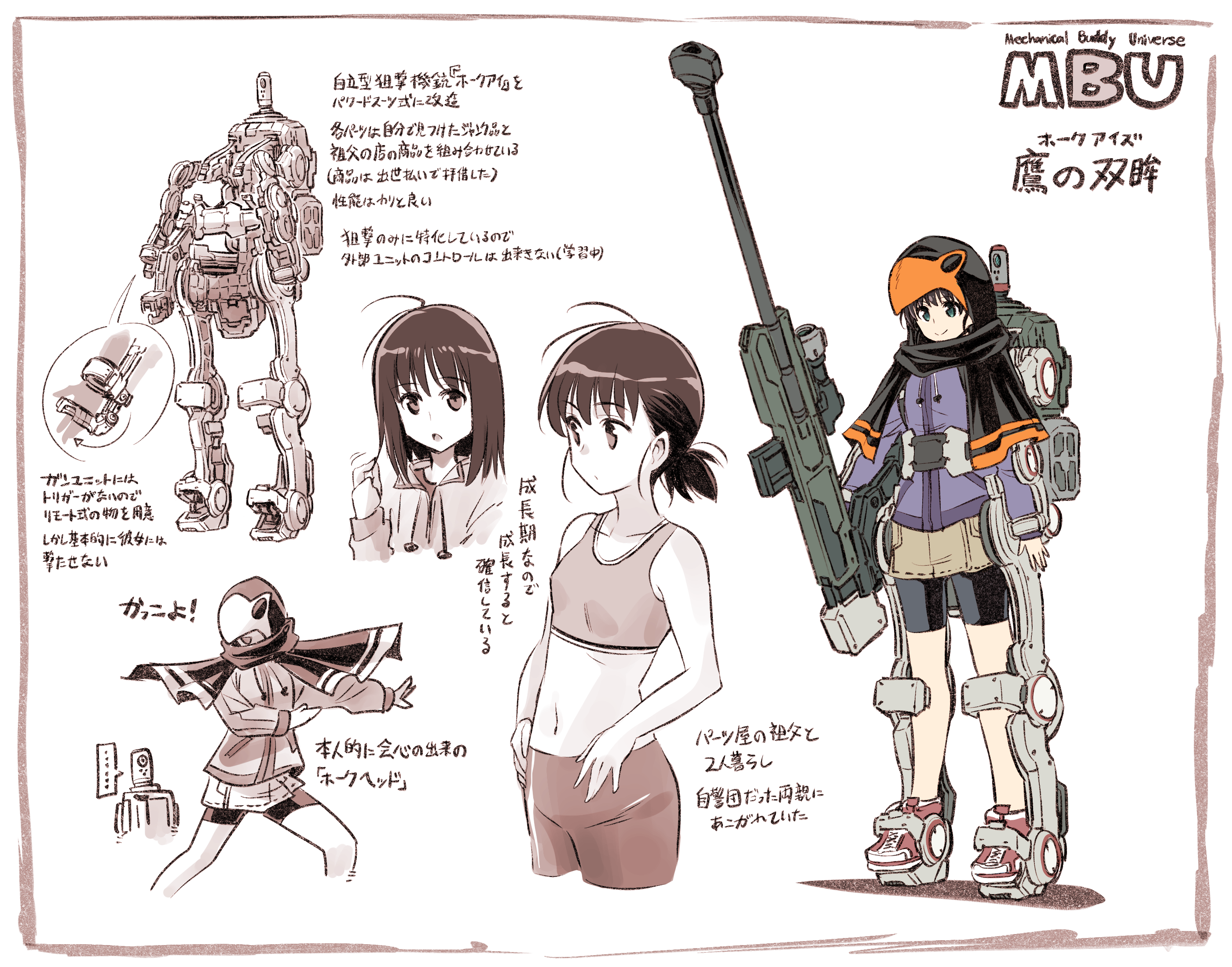 1girl 1other ahoge bike_shorts bike_shorts_under_shorts black_hair bra capelet commentary denim denim_shorts green_eyes gun hair_between_eyes hawk_(mechanical_buddy_universe) hawkeyes_(mechanical_buddy_universe) highres holding holding_gun holding_weapon hood hooded_capelet hooded_jacket jacket kato_takuji low_ponytail mechanical_buddy_universe navel ponytail power_suit reference_sheet rifle shoes short_hair short_ponytail shorts sneakers sniper_rifle training_bra translation_request underwear weapon
