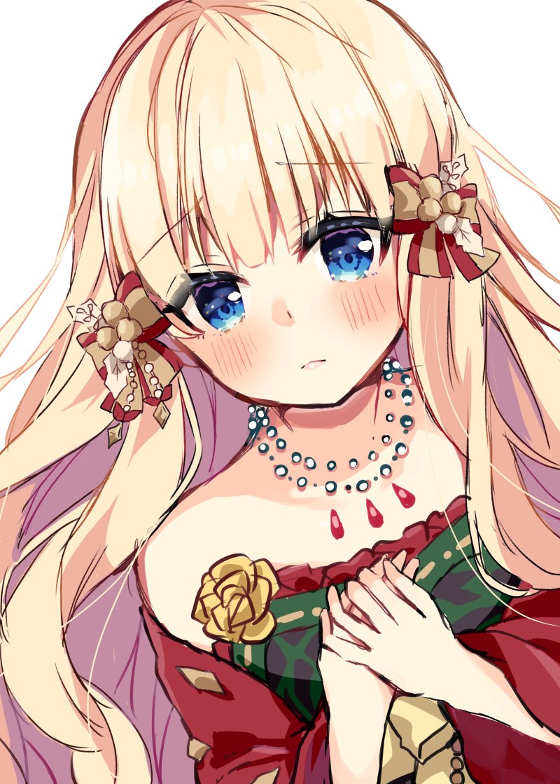 1girl blonde_hair blue_eyes blunt_bangs blush bow breasts elf frown hair_bow hair_ornament long_hair looking_at_viewer maki_soutoki medium_breasts pointy_ears princess_connect! saren_(christmas)_(princess_connect!) saren_(princess_connect!) simple_background solo white_background