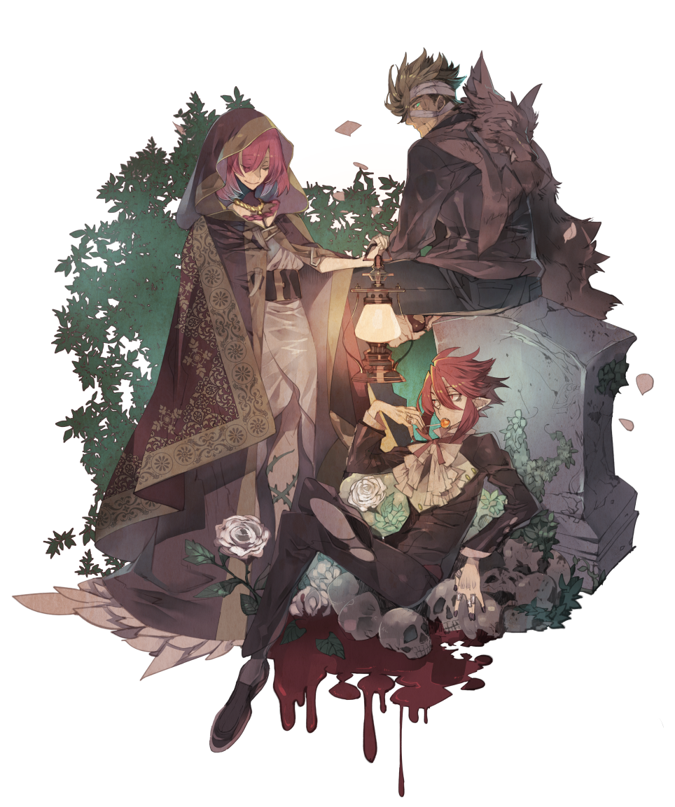 1girl 2boys bandages bandaid bandaid_on_face belt belt_buckle black_nails blood brown_hair buckle candy closed_mouth crack cross crossed_legs dripping eyes_visible_through_hair fang fantasy fingernails flower food food_in_mouth green_eyes hair_between_eyes halloween holding holding_lantern hood hood_up jewelry kukicha lantern lollipop looking_back multiple_boys nail_polish necklace original pelt pointy_ears red_eyes red_hair ring rose sitting skull smile standing thorns tombstone transparent_background w white_flower white_rose