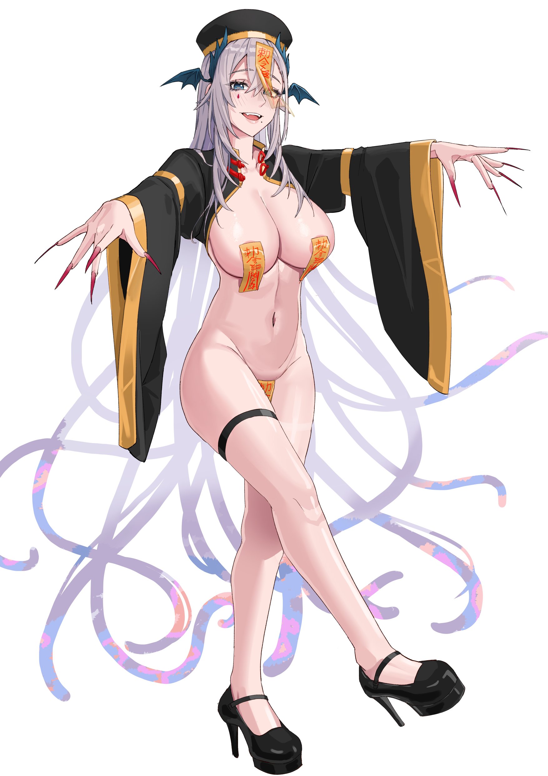 1girl absurdres areola_slip black_footwear black_sleeves blue_eyes breasts bright_pupils cleavage fingernails gold_trim grey_hair head_wings high_heels highres horizontal_pupils indie_virtual_youtuber kuon_bb large_breasts long_fingernails long_hair maebari mole mole_under_mouth navel ofuda ofuda_on_head ofuda_on_nipples ofuda_on_pussy open_mouth pasties pochimaru_(vtuber) red_nails sharp_fingernails solo teardrop_facial_mark tentacle_hair thigh_strap virtual_youtuber white_pupils wide_sleeves wings