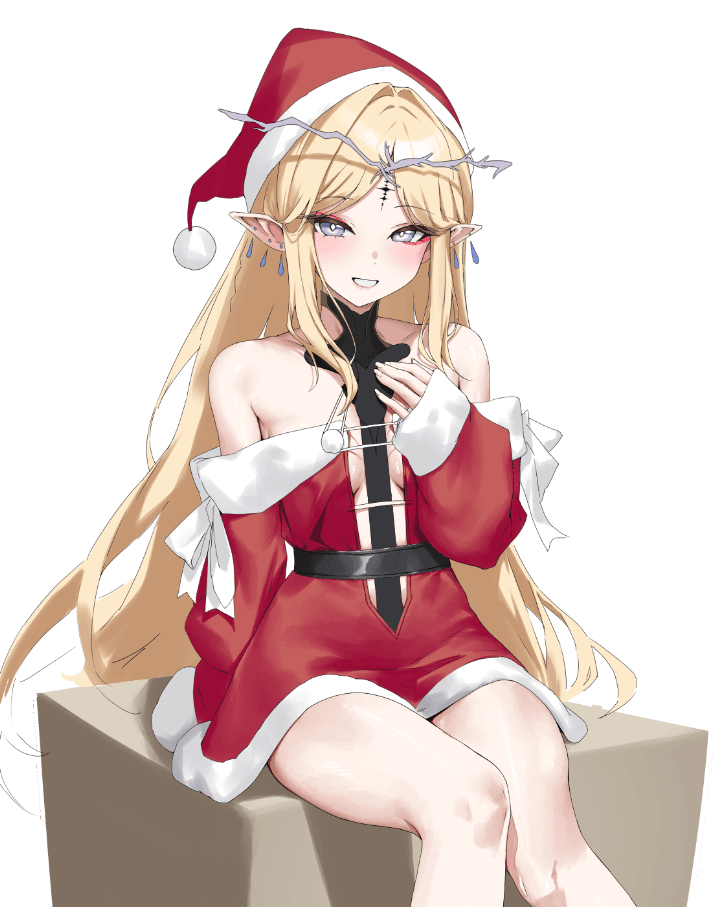 bare_shoulders blonde_hair blue_eyes breasts cartethyia_(wuthering_waves) commentary_request crown_of_thorns earrings feet_out_of_frame hand_up hat jewelry korean_commentary long_hair multiple_earrings parted_bangs parted_lips rkin santa_hat sidelocks simple_background small_breasts smile tacet_mark_(wuthering_waves) unfinished white_background wuthering_waves