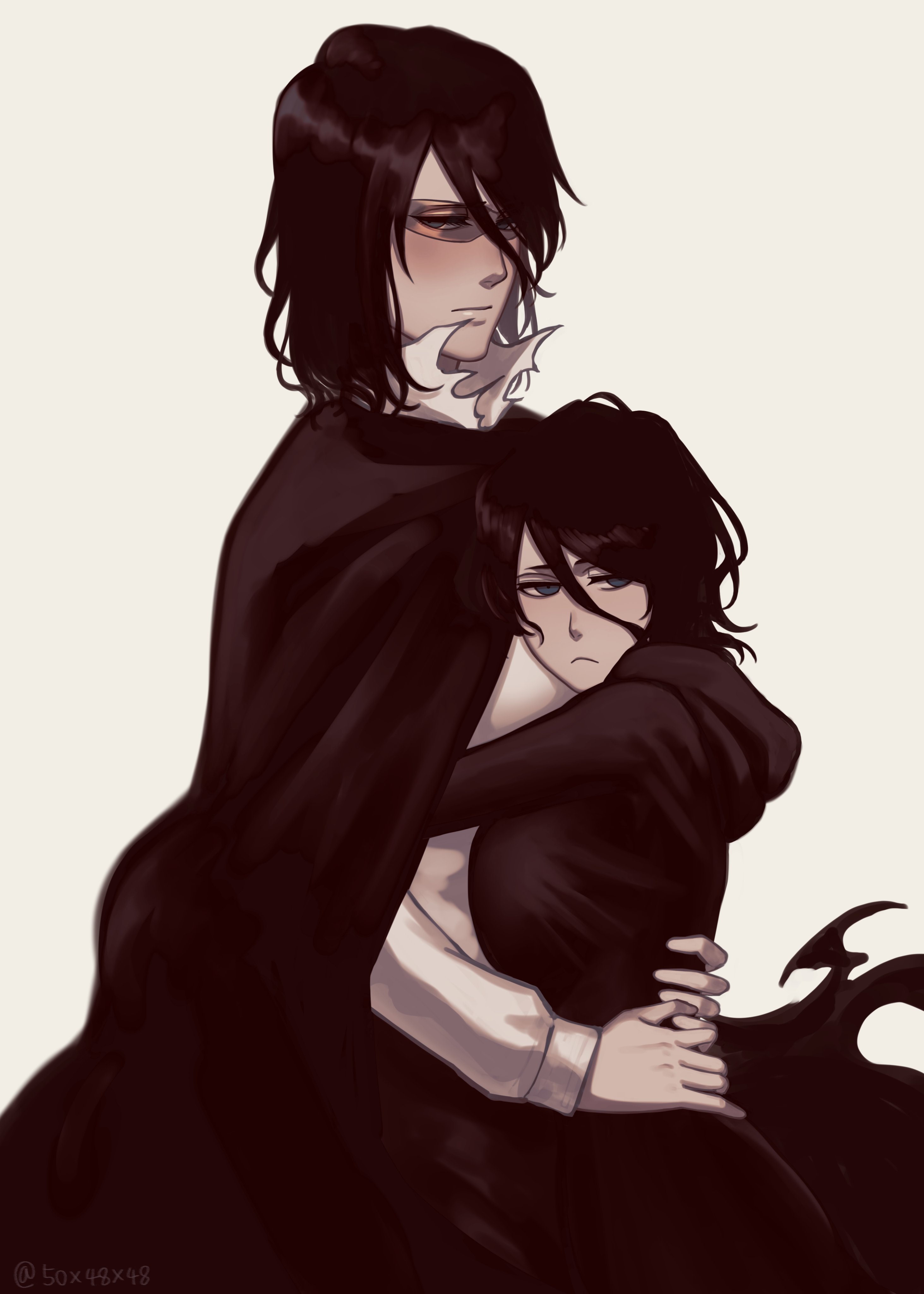 2girls 50x48x48 absurdres aged_down aged_up bleach bleach:_sennen_kessen-hen blue_eyes cloak expressionless hand_on_another&#039;s_head height_difference highres hug long_hair motherly multiple_girls short_hair standing tensa_zangetsu_(bankai) twitter_username wandenreich_uniform zangetsu_(bleach)