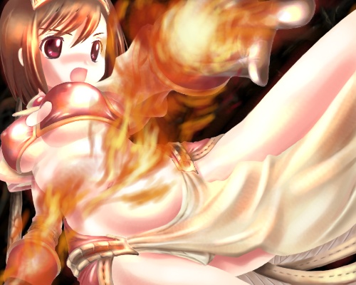 1girl 2000s_(style) badbullet bikini bikini_top_only black_background blush breasts brown_gloves brown_hair brown_skirt cowboy_shot fire gloves large_breasts looking_afar lowres mage_(ragnarok_online) midriff navel open_mouth panties pelvic_curtain pyrokinesis ragnarok_online red_bikini red_eyes short_hair showgirl_skirt skirt solo swimsuit underboob underwear v-shaped_eyebrows white_panties
