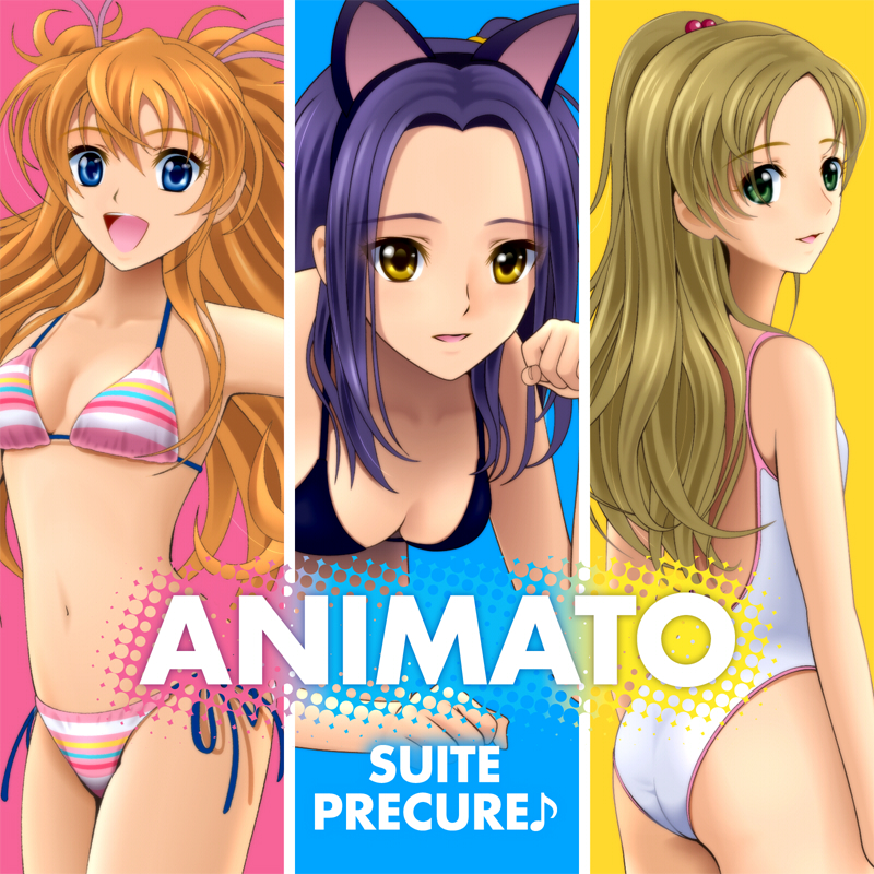 10s 3girls animal_ears bikini blue_background blue_eyes cat_ears column_lineup copyright_name green_eyes half_updo houjou_hibiki kurokawa_eren long_hair minamino_kanade multicolored_bikini multicolored_stripes multiple_girls musical_note orange_hair paw_pose pink_background precure purple_hair quaver seiren_(suite_precure) sekken_kasu_barrier striped suite_precure swimsuit twintails two_side_up yellow_background yellow_eyes