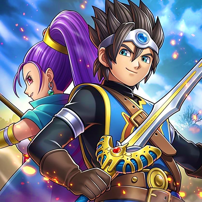 1boy 1girl aqua_cape aqua_eyes armlet artist_request back-to-back belt black_bodysuit blue_gemstone blue_tabard bodysuit brown_belt brown_gloves cape circlet corset dragon_quest dragon_quest_rivals dragon_quest_xi dress earrings elbow_gloves embers erdrick&#039;s_sword game_cg gem gloves gold_trim green_gemstone hair_pulled_back high_ponytail holding holding_staff holding_sword holding_weapon jewelry official_art pink_corset pink_eyes ponytail profile purple_hair resized roche_(dq11) senica_(dq11) short_hair silver_armlet silver_circlet sphere_earrings spiked_hair staff strapless strapless_dress sword tabard third-party_source upper_body upscaled weapon white_dress yellow_gloves