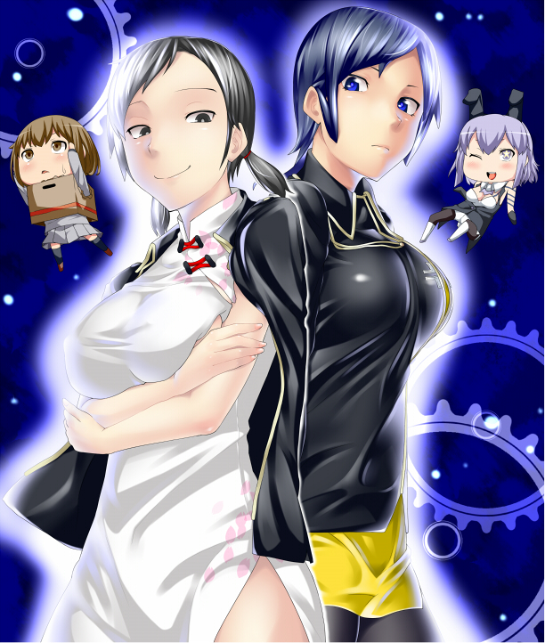 +_+ 10s 4girls animal_ears bare_shoulders black_eyes blue_eyes blush breast_rest breasts brown_eyes brown_hair chibi china_dress chinese_clothes cleavage devil_survivor_(series) devil_survivor_2 dress frown gloves icebox jacket kanno_fumi large_breasts military multiple_girls nitta_io one_eye_closed open_mouth purple_hair rabbit_ears sako_makoto school_uniform short_hair smile smirk sweat symbol-shaped_pupils tiko twintails white_eyes wink