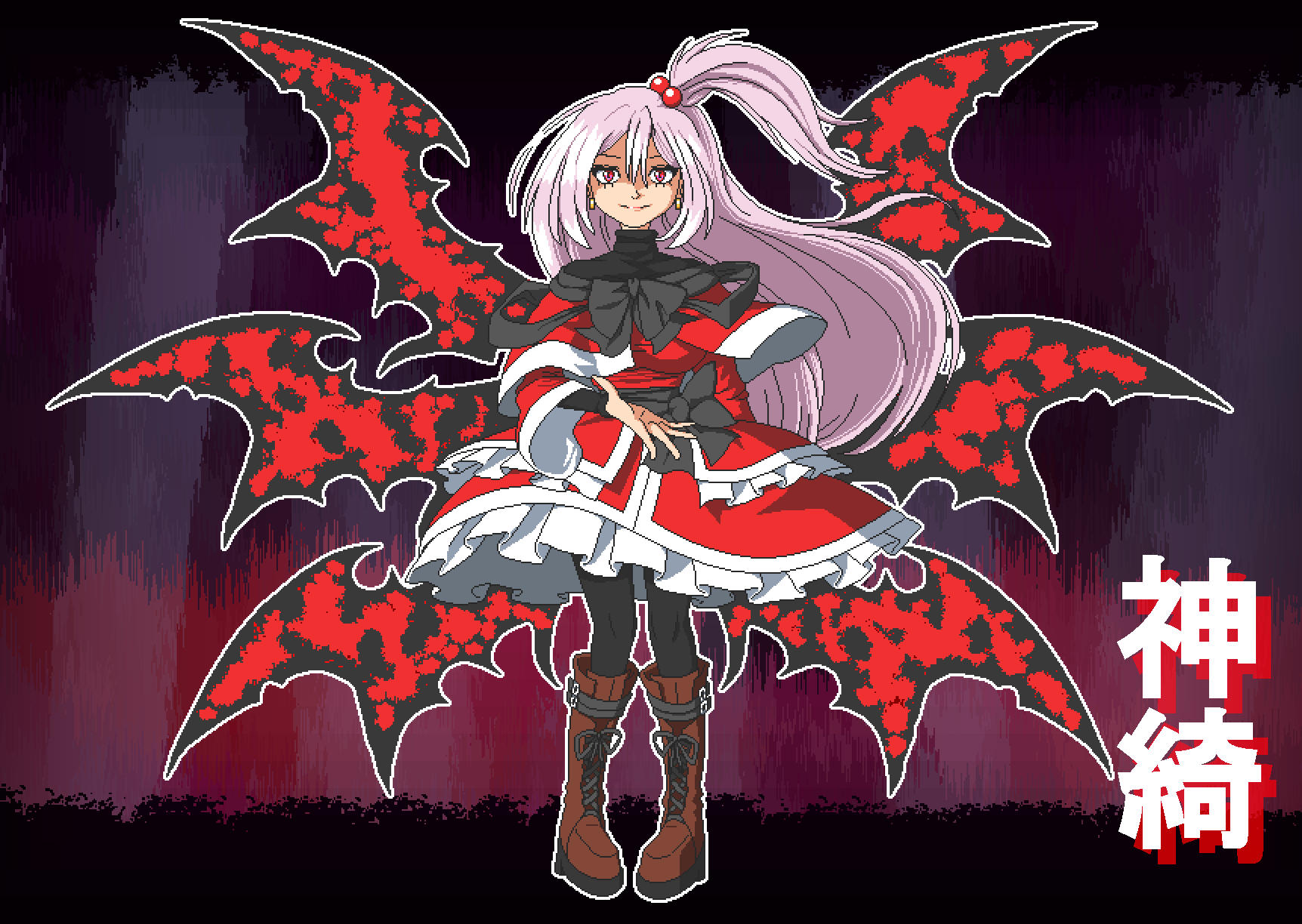 1girl aksawshin boots brown_boots closed_mouth demon_wings earrings frilled_skirt frills full_body hair_bobbles hair_ornament highres jewelry long_hair looking_at_viewer multiple_wings necktie one_side_up outline red_eyes red_necktie red_shirt red_skirt shinki_(touhou) shirt skirt smile solo touhou touhou_(pc-98) white_hair white_outline wings