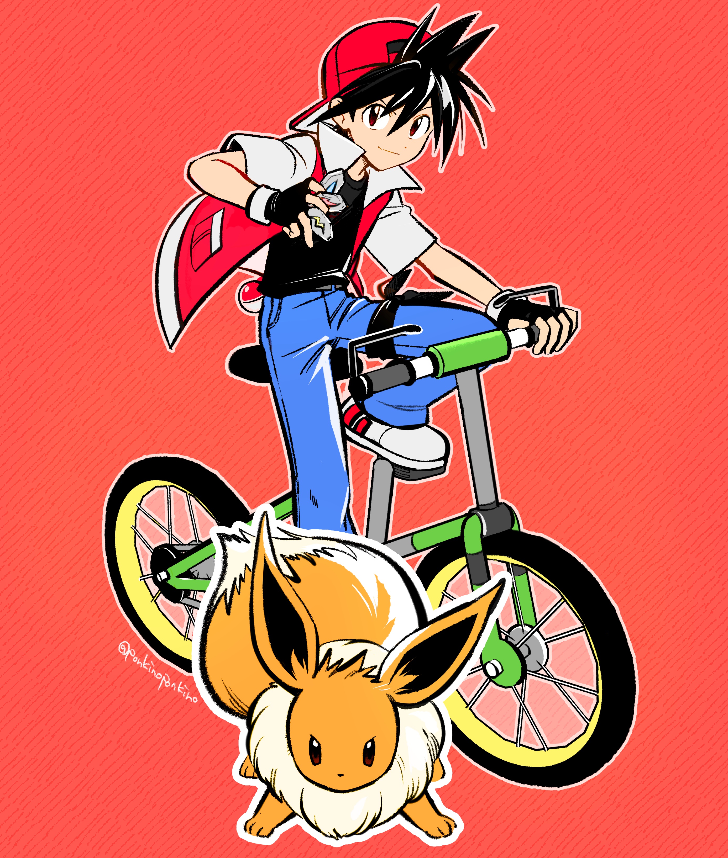 1boy absurdres animal_ears artist_name backwards_hat bicycle black_dress black_hair denim dot_nose dress eevee evolution_stone evolutionary_stone fingerless_gloves fire_stone gen_1_pokemon gloves hat highres jacket jeans nintendo pants poke_ball pokemon pokemon_(creature) pokemon_adventures ponkinoponkino red_background red_eyes red_hat red_jacket shoes smile solo spiked_hair tail water_stone