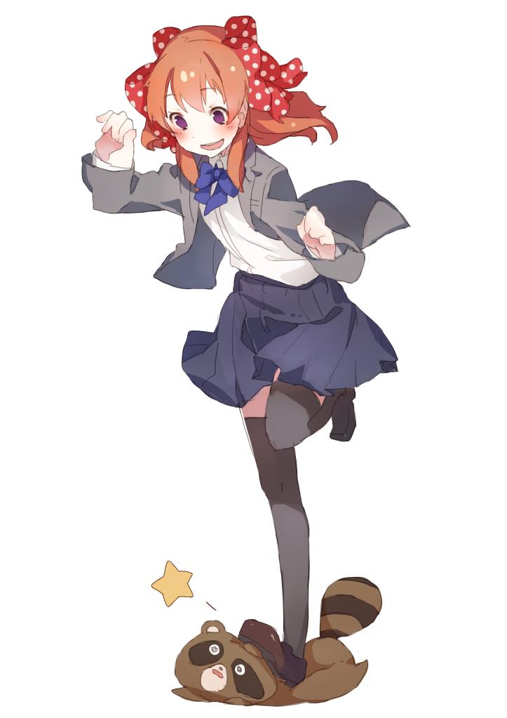 10s 1girl blush bow female_focus full_body gekkan_shoujo_nozaki-kun grey_thighhighs hair_bow leg_up mmlu_(honwa_karesu) orange_hair polka_dot polka_dot_bow purple_eyes sakura_chiyo school_uniform sketch skirt solo standing standing_on_one_leg star_(symbol) stepping tanuki thighhighs white_background