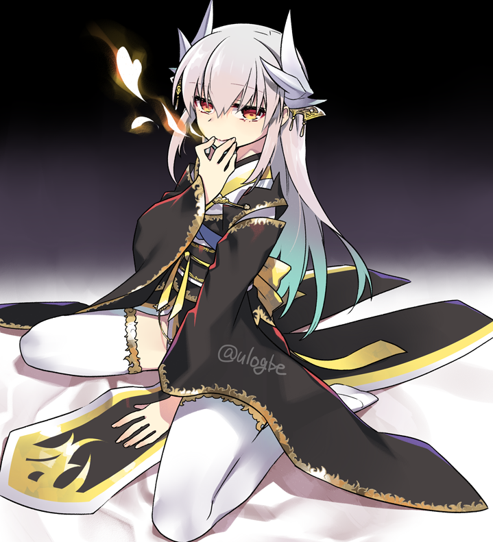 1girl black_horns black_kimono breasts dragon_girl dragon_horns fate/grand_order fate_(series) fire gold_trim hair_ornament heart horns japanese_clothes kimono kiyohime_(fate) kiyohime_(third_ascension)_(fate) long_hair long_sleeves looking_at_viewer medium_breasts multiple_horns negi_(ulog&#039;be) obi pelvic_curtain red_eyes sash sitting smile solo thighhighs wariza white_hair white_thighhighs wide_sleeves