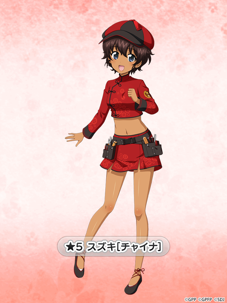 1girl bare_legs belt black_belt black_footwear blue_eyes brown_hair cabbie_hat chinese_clothes commentary_request cropped_shirt dark-skinned_female dark_skin emblem flats full_body gear_print girls_und_panzer girls_und_panzer_senshadou_daisakusen! hat high_collar leopon_(animal) long_sleeves looking_at_viewer miniskirt navel official_alternate_costume official_art open_mouth print_shirt print_skirt red_hat red_shirt red_skirt shirt short_hair skirt smile solo standing standing_on_one_leg star_(symbol) suzuki_(girls_und_panzer) tool_belt tools translated watermark