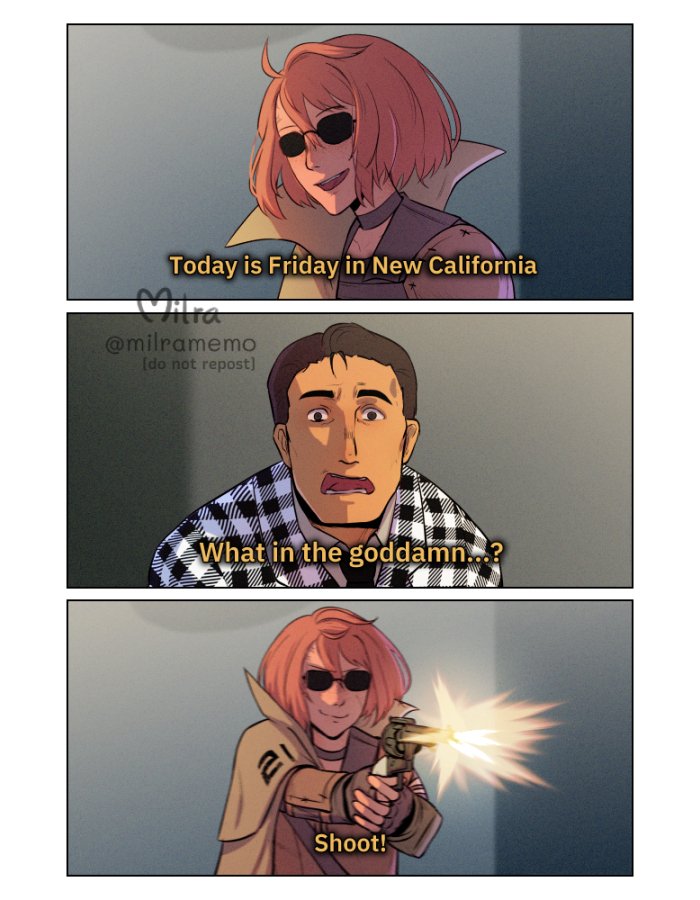 1boy 1girl 3koma ahoge benny_(fallout:_new_vegas) brown_hair comic courier_(fallout:_new_vegas) english_text fallout fallout:_new_vegas fingerless_gloves firing gloves gun handgun meme milramemo ninja_sentai_kakuranger orange_hair parody revolver subtitled sunglasses super_sentai surprised today_is_friday_in_california_(meme) weapon