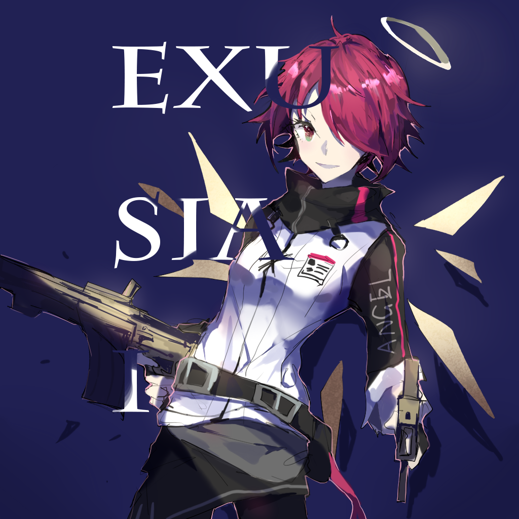 1girl arknights assault_rifle belt belt_buckle black_belt black_pantyhose black_scarf black_skirt black_sleeves blue_background brown_eyes buckle character_name chinese_commentary commentary_request cowboy_shot crystal_wings detached_wings dinned dual_wielding exusiai_(arknights) eyelashes gloves gradient_eyes green_eyes gun hair_over_one_eye halo handgun holding holding_gun holding_weapon jacket long_sleeves miniskirt multicolored_eyes name_tag open_mouth pantyhose pink_hair rifle scarf short_hair skirt smile solo standing traditional_halo weapon white_gloves white_halo white_jacket white_wings wings