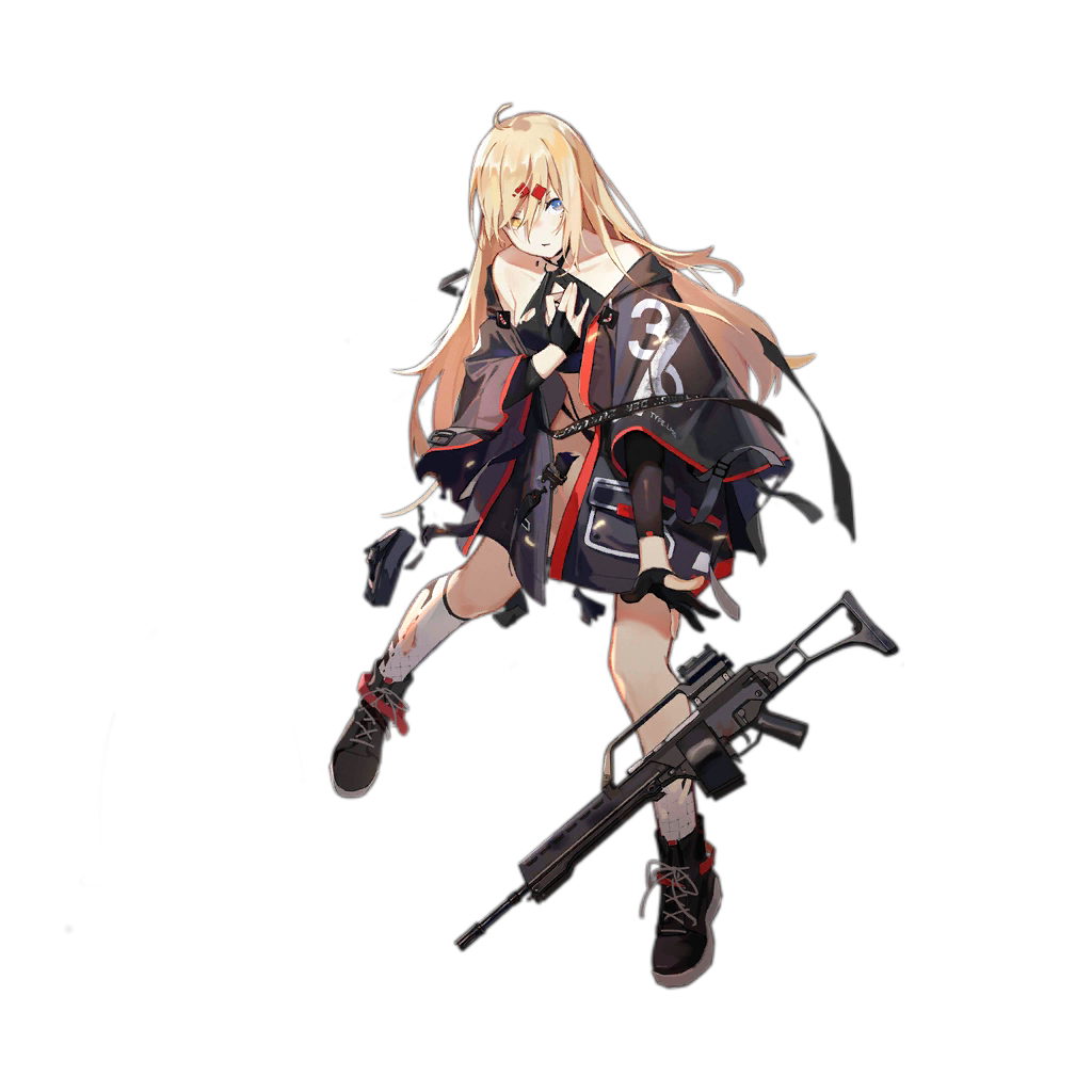 1girl ahoge ankle_boots assault_rifle asymmetrical_legwear beta_c-mag black_bra black_gloves black_panties blonde_hair blue_eyes boots bra breasts buckle choker clothes_writing coat collarbone damaged double-drum_magazine drum_magazine female_focus full_body funengliang_jieheti girls&#039;_frontline gloves gun h&amp;k_mg36 hair_ornament hair_over_one_eye heckler_&amp;_koch heterochromia high-capacity_magazine holding holding_gun holding_weapon kneehighs lace-up_boots leaning_forward leg_up long_hair magazine_(weapon) mg36_(girls&#039;_frontline) mole mole_under_eye multicolored_clothes o-ring o-ring_top off_shoulder official_art panties parted_lips partially_fingerless_gloves rifle sidelocks single_kneehigh single_sock small_breasts snap-fit_buckle socks solo standing thigh_strap torn_clothes transparent_background underwear uneven_legwear weapon yellow_eyes zipper
