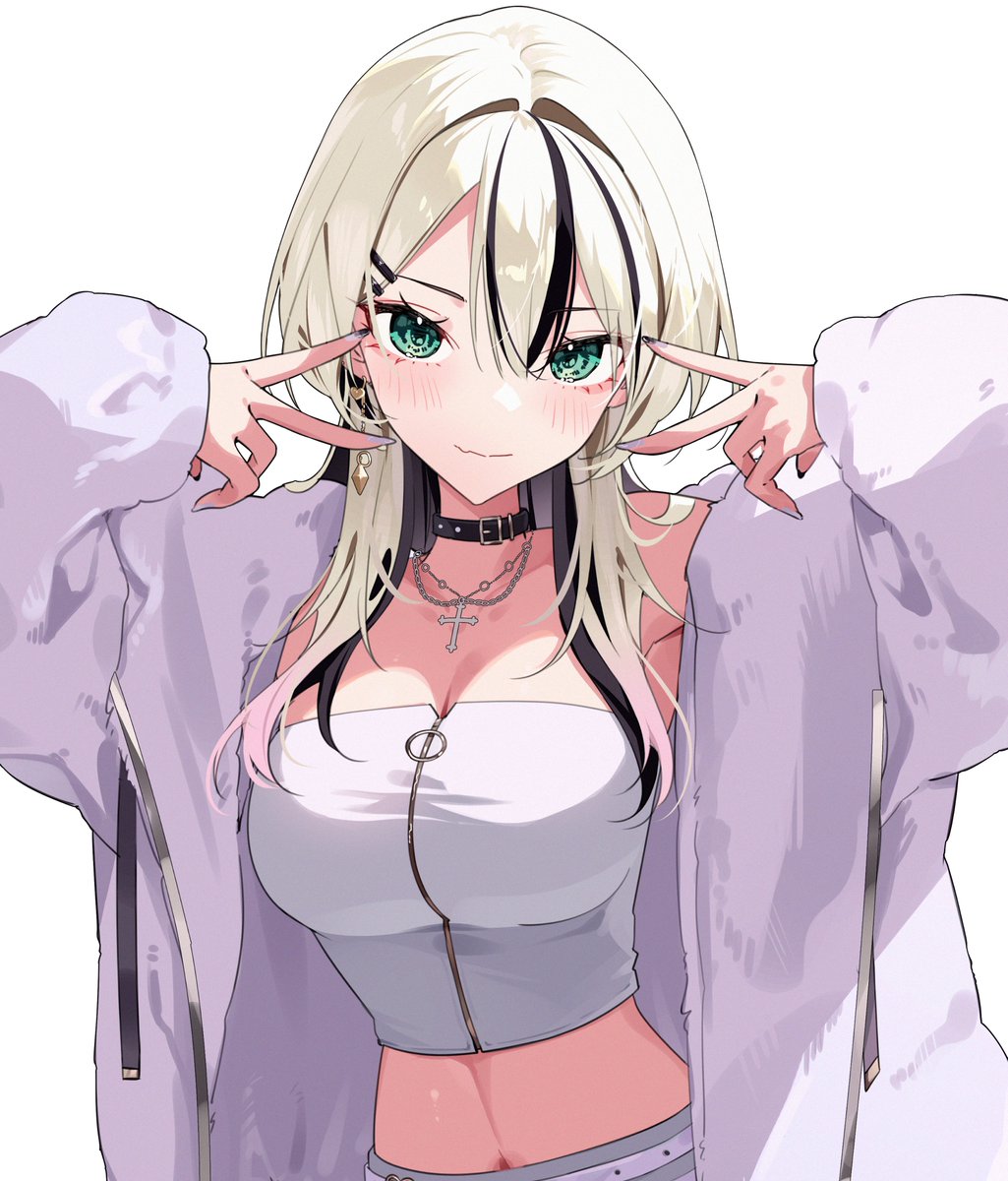 1girl amopui belt_collar black_hair blonde_hair blush breasts cleavage closed_mouth collar colored_inner_hair cross cross_necklace double_inward_v drawstring earrings fingernails fur_jacket green_eyes hair_between_eyes hairclip hashtag-only_commentary highres jacket jewelry kurumi_noah kurumi_noah_(7th_costume) light_smile long_hair midriff multicolored_hair navel necklace official_alternate_costume official_alternate_hairstyle open_clothes open_jacket parallel_hairclips purple_jacket purple_nails skirt solo strapless streaked_hair tube_top upper_body virtual_youtuber vspo! white_tube_top wolf_cut