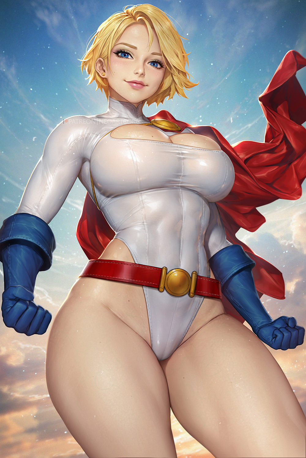 1girl belt blonde_hair blue_gloves breasts cameltoe cape cleavage_cutout clenched_hands clothing_cutout commentary covered_navel dc_comics english_commentary gloves highleg highleg_leotard highres large_breasts leotard neoartcore paid_reward_available power_girl red_belt red_cape short_hair sleeved_leotard solo superhero_costume superman_(series) thighs tight_clothes toned toned_female white_leotard