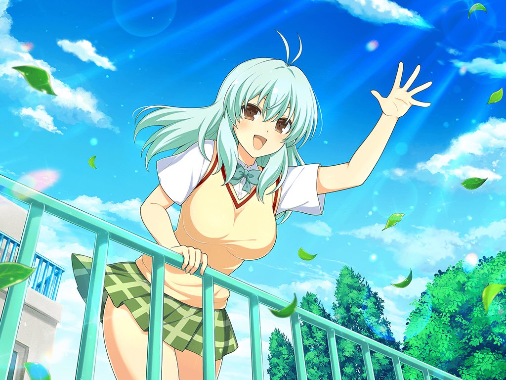 1girl antenna_hair blue_sky blush bow bowtie breasts brown_eyes cloud cosplay crossover day falling_leaves fence green_bow green_bowtie green_hair green_skirt large_breasts leaf light_particles long_hair looking_at_viewer mai_(senran_kagura) miniskirt official_alternate_costume official_art open_mouth outdoors plaid_clothes plaid_skirt plant pleated_skirt railing run_elsie_jewelria run_elsie_jewelria_(cosplay) sainan_high_school_uniform school_uniform senran_kagura senran_kagura_new_link senran_kagura_new_wave skirt sky smile solo standing sunlight sweater_vest to_love-ru to_love-ru_darkness tree vest waving window yaegashi_nan yellow_sweater_vest yellow_vest