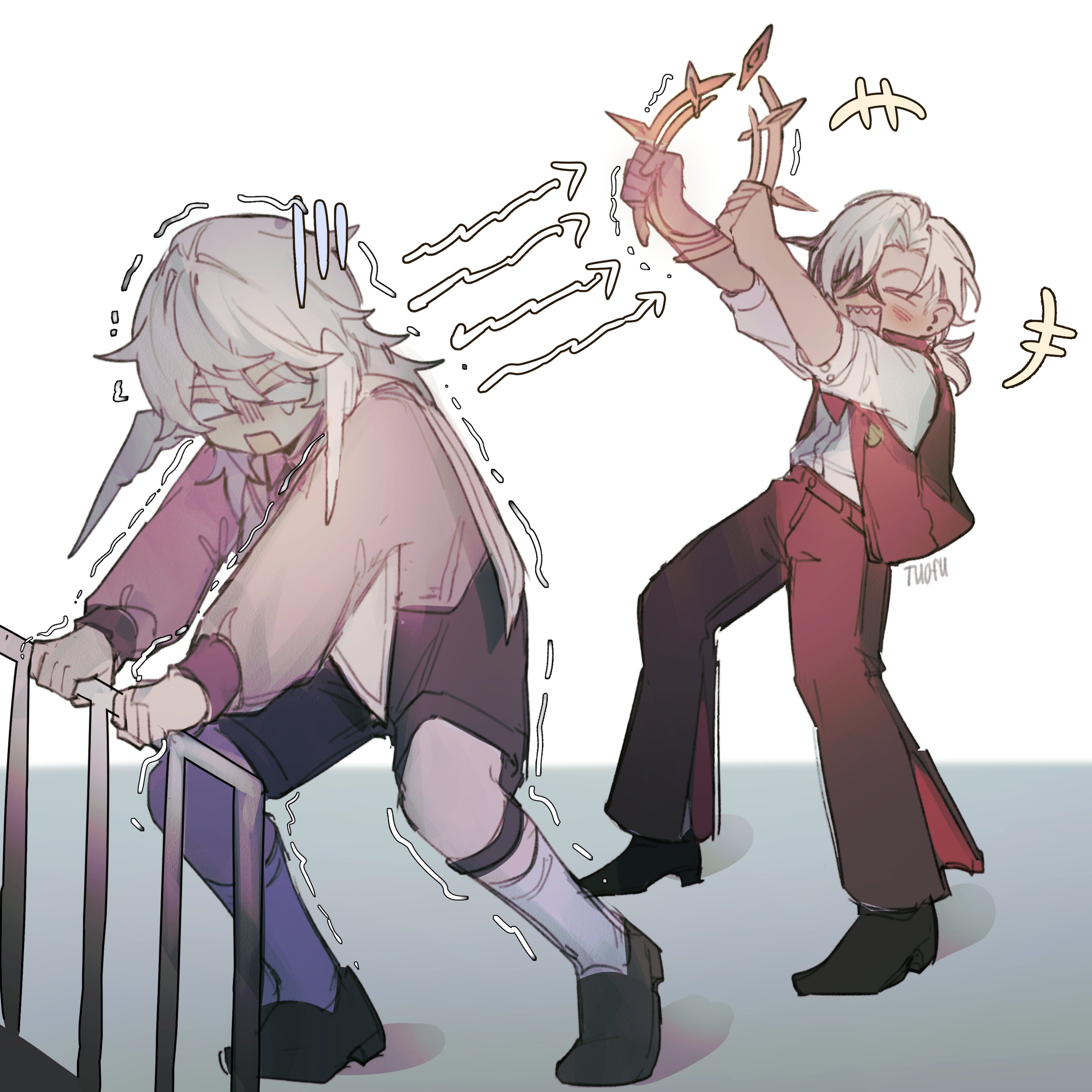 >_< +++ 2boys absurdres aged_down arrow_(symbol) belt black_hair black_shoes black_shorts blush boothill_(honkai:_star_rail) child closed_eyes commentary ear_piercing english_commentary feathered_wings full_body grey_hair hair_between_eyes hair_over_one_eye halo halo_behind_head hands_up head_wings highres holding honkai:_star_rail honkai_(series) long_sleeves low_ponytail male_focus medium_hair multicolored_hair multiple_boys open_clothes open_mouth open_vest pants piercing ponytail puffy_long_sleeves puffy_sleeves purple_shirt red_belt red_pants red_vest shadow sharp_teeth shirt shoes short_hair short_ponytail short_sleeves shorts sidelocks simple_background smile socks standing sunday_(honkai:_star_rail) tearing_up teeth trembling tuofu two-tone_hair vest white_background white_hair white_shirt white_socks white_vest wings
