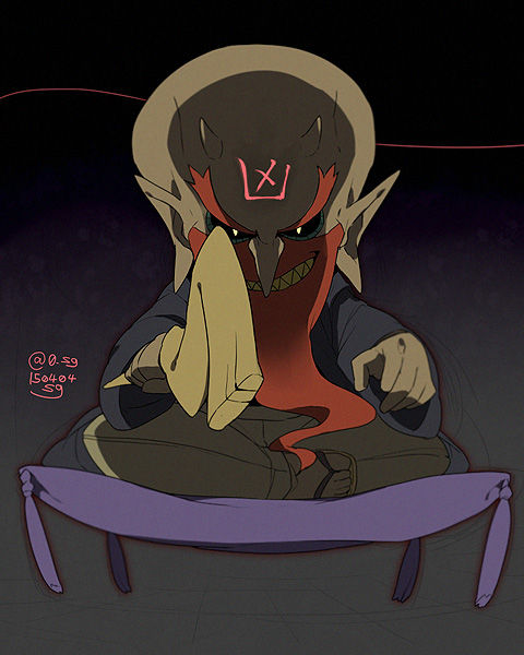 10s 1boy artist_name bald beard cane dated facial_hair grin horns indian_style long_nose looking_at_viewer male_focus no_socks orange_hair pillow pointy_ears sandals sg_(suuchan) sharp_teeth simple_background sitting smile solo teeth traditional_youkai twitter_username yamimaro youkai_watch