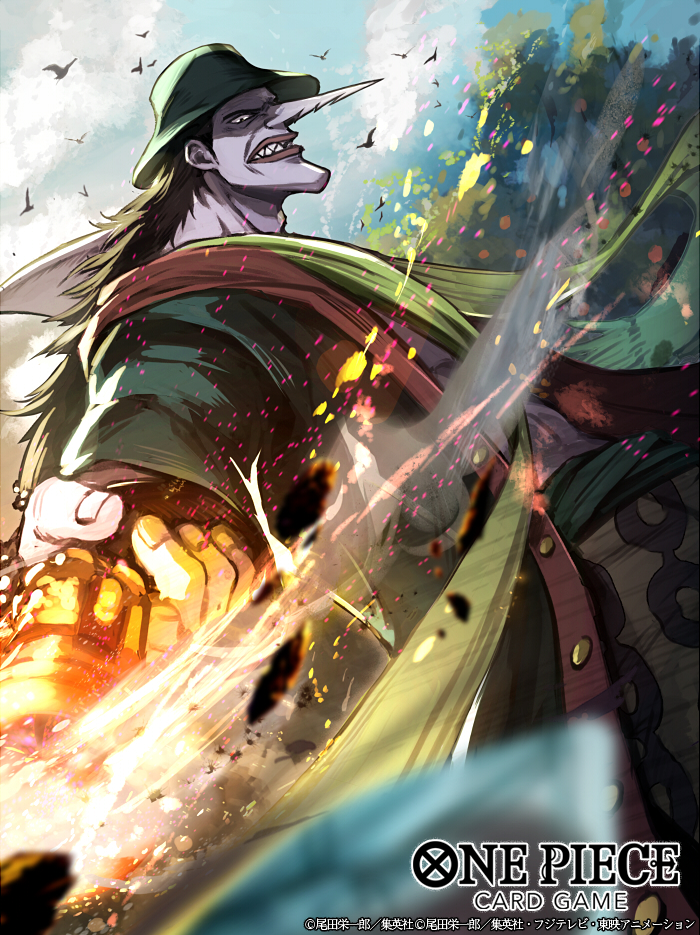 1boy arlong bird black_hair coat commentary_request copyright_name embers green_scarf hat holding holding_weapon long_hair looking_down male_focus nijihayashi official_art one_piece one_piece_card_game pointy_nose profile sash scarf shark_boy sharp_teeth sky solo teeth weapon
