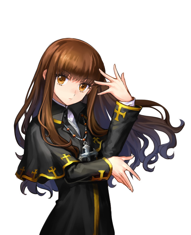 10s 1girl black_capelet black_dress brown_eyes brown_hair capelet cross cross_necklace dress fate/extra fate_(series) female_focus floating_hair jewelry kishinami_hakuno_(female) long_hair long_sleeves looking_at_viewer necklace simple_background solo standing tetsukuzu_tetsuko upper_body white_background