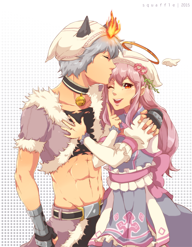 1boy 1girl abs angel_wings animal_ears arch_bishop_(ragnarok_online) black_gloves black_shirt blush cape cat_ears commentary cowboy_shot crop_top cropped_jacket detached_wings dress english_commentary fingerless_gloves frilled_sash fur-trimmed_cape fur-trimmed_jacket fur_trim gloves grey_background grey_dress grey_hair halo hand_on_another&#039;s_shoulder headscarf hetero jacket juliet_sleeves long_hair long_sleeves navel open_clothes open_jacket open_mouth pink_hair pink_sash puffy_sleeves purple_cape purple_jacket ragnarok_online red_eyes sash shirt short_hair short_sleeves smile squaffle1 stalker_(ragnarok_online) traditional_halo vambraces waist_cape white_headscarf wings yellow_halo