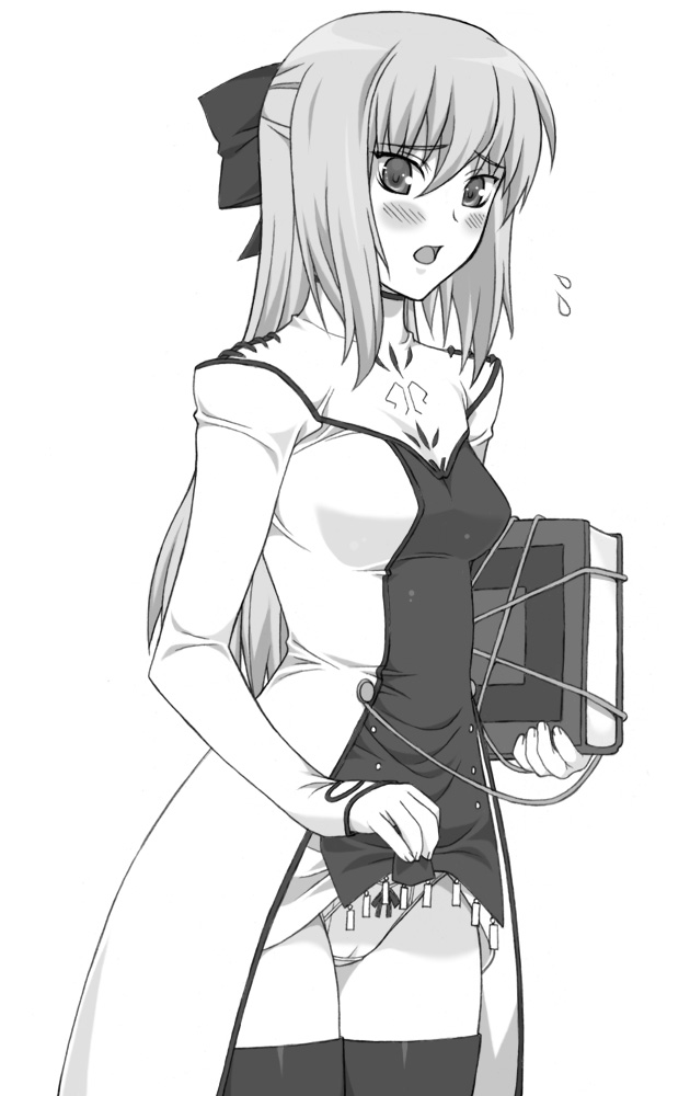 1girl blush book cameltoe clothes_lift cyrille_(shining_force_exa) female_focus greyscale half_updo monochrome panties ribbon sega shichimenchou shining_(series) shining_force_exa simple_background skirt skirt_lift solo thighhighs underwear