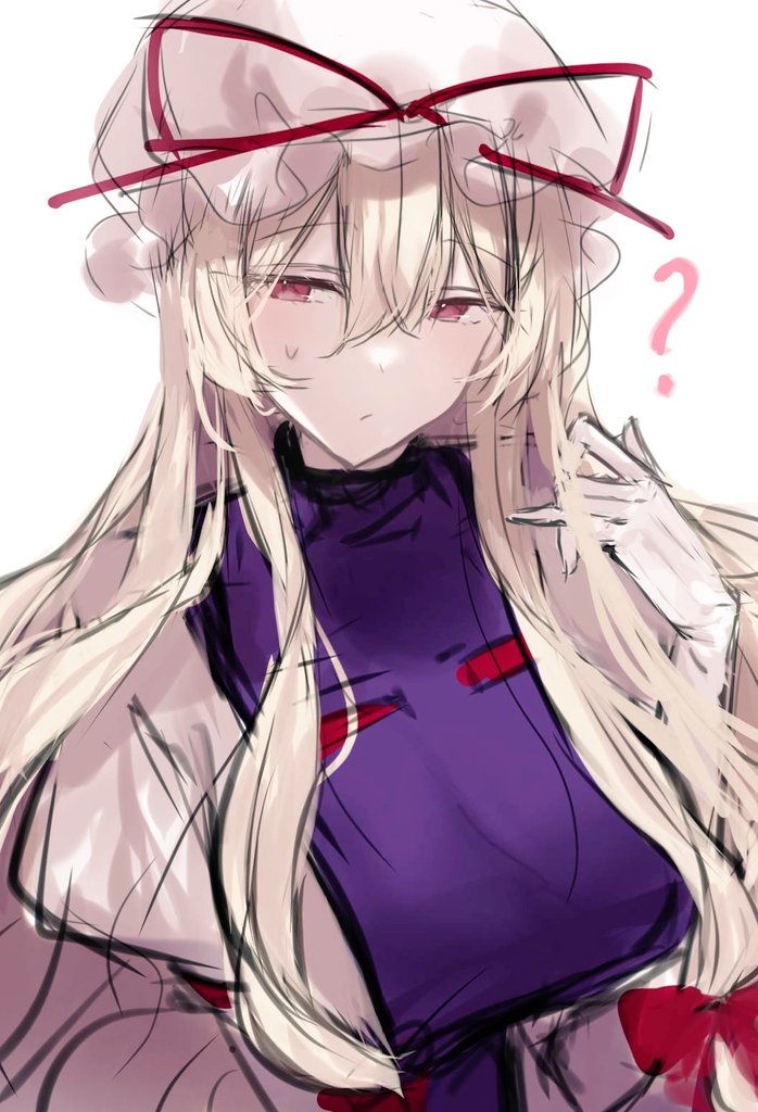 1girl ? blonde_hair breasts dress gloves hair_between_eyes hair_ribbon hat large_breasts long_hair long_sleeves mob_cap purple_eyes purple_tabard ribbon sketch solo t03p0iungjj1krn tabard touhou white_background white_dress white_gloves yakumo_yukari