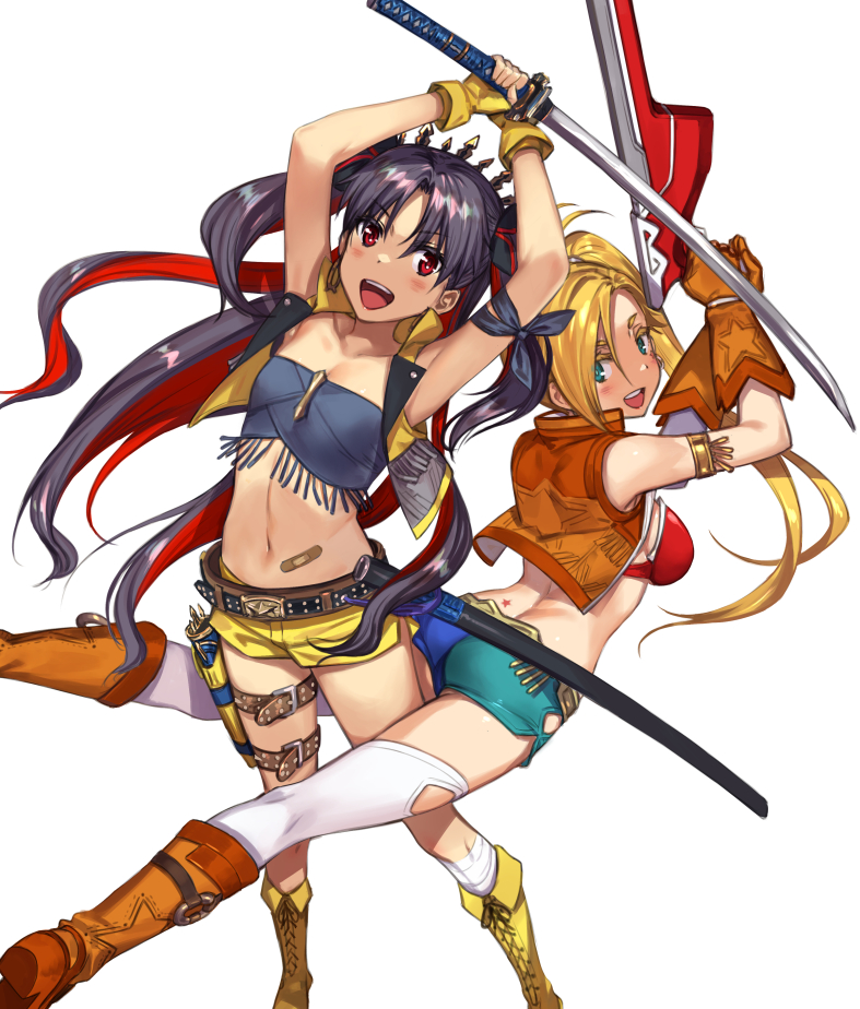 2girls bandaid bandaid_on_stomach bandeau black_hair blonde_hair blue_bandeau breasts brown_gloves brown_vest calamity_jane_(fate) calamity_jane_(first_ascension)_(fate) cropped_vest earrings facial_mark facial_tattoo fate/grand_order fate_(series) gloves green_eyes gun handgun hoop_earrings ishtar_(fate) jewelry long_hair medium_breasts moriyama_daisuke multicolored_hair multiple_girls open_clothes open_vest red_eyes red_hair shorts side_ponytail smile space_ishtar_(fate) space_ishtar_(second_ascension)_(fate) star_(symbol) star_facial_mark star_tattoo tattoo two-tone_hair two-tone_shorts two_side_up very_long_hair vest weapon yellow_gloves yellow_shorts yellow_vest