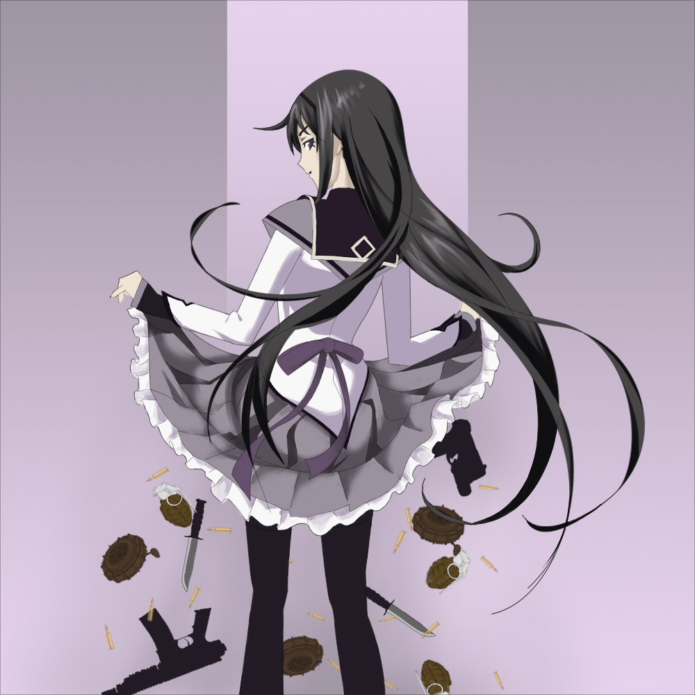 1girl akemi_homura akemi_homura_(magical_girl) bakemonogatari black_hair bullet clothes_lift company_connection curtsey derivative_work drawfag explosive female_focus frilled_skirt frills from_behind grenade grey_skirt gun handgun knife long_hair looking_at_viewer looking_back magical_girl mahou_shoujo_madoka_magica mahou_shoujo_madoka_magica_(anime) mine_(weapon) miniskirt monogatari_(series) pantyhose parody pistol purple_eyes saitou_chiwa senjougahara_hitagi senjougahara_pose shaft_(company) simple_background skirt skirt_hold skirt_lift solo standing submachine_gun very_long_hair voice_actor_connection weapon