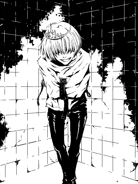 1boy belphegor_(reborn) greyscale hair_over_eyes katekyo_hitman_reborn! looking_at_viewer male_focus monochrome smile solo straitjacket tiara