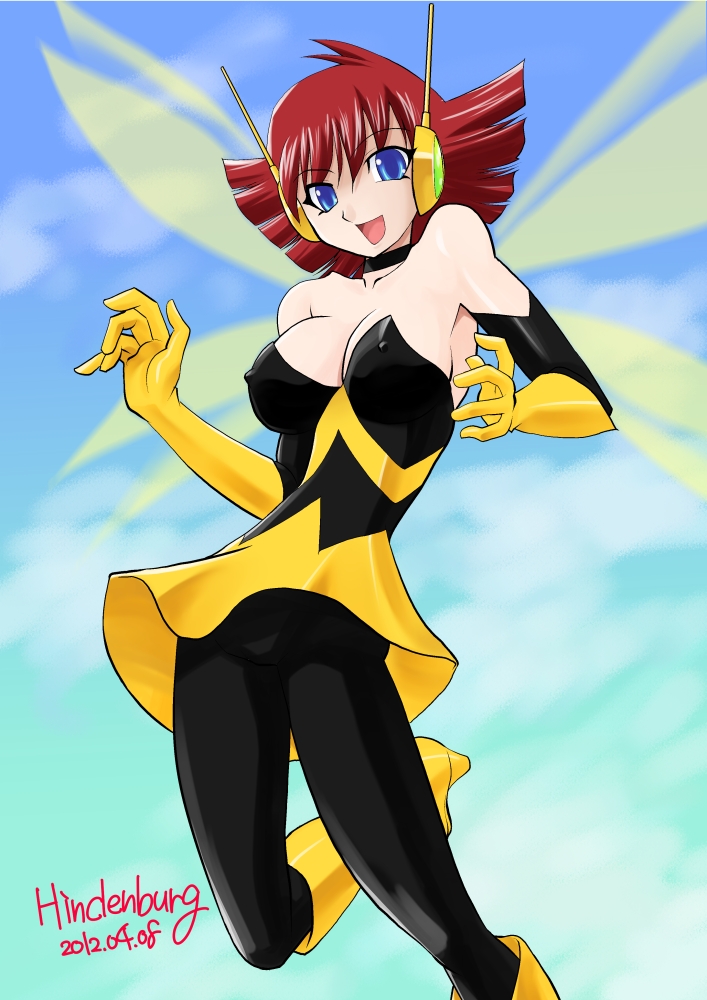 1girl 2012 :d animification avengers_(series) bad_anatomy bare_shoulders black_choker blue_eyes boots breasts choker cleavage cloud covered_erect_nipples dated day elbow_gloves female_focus flying gloves hindenburg_(hindenburugu) insect_wings janet_van_dyne looking_at_viewer marvel medium_breasts no_bra open_mouth outdoors pantyhose red_hair skirt sky smile solo superhero_costume wasp wasp_(marvel) wings yellow_boots