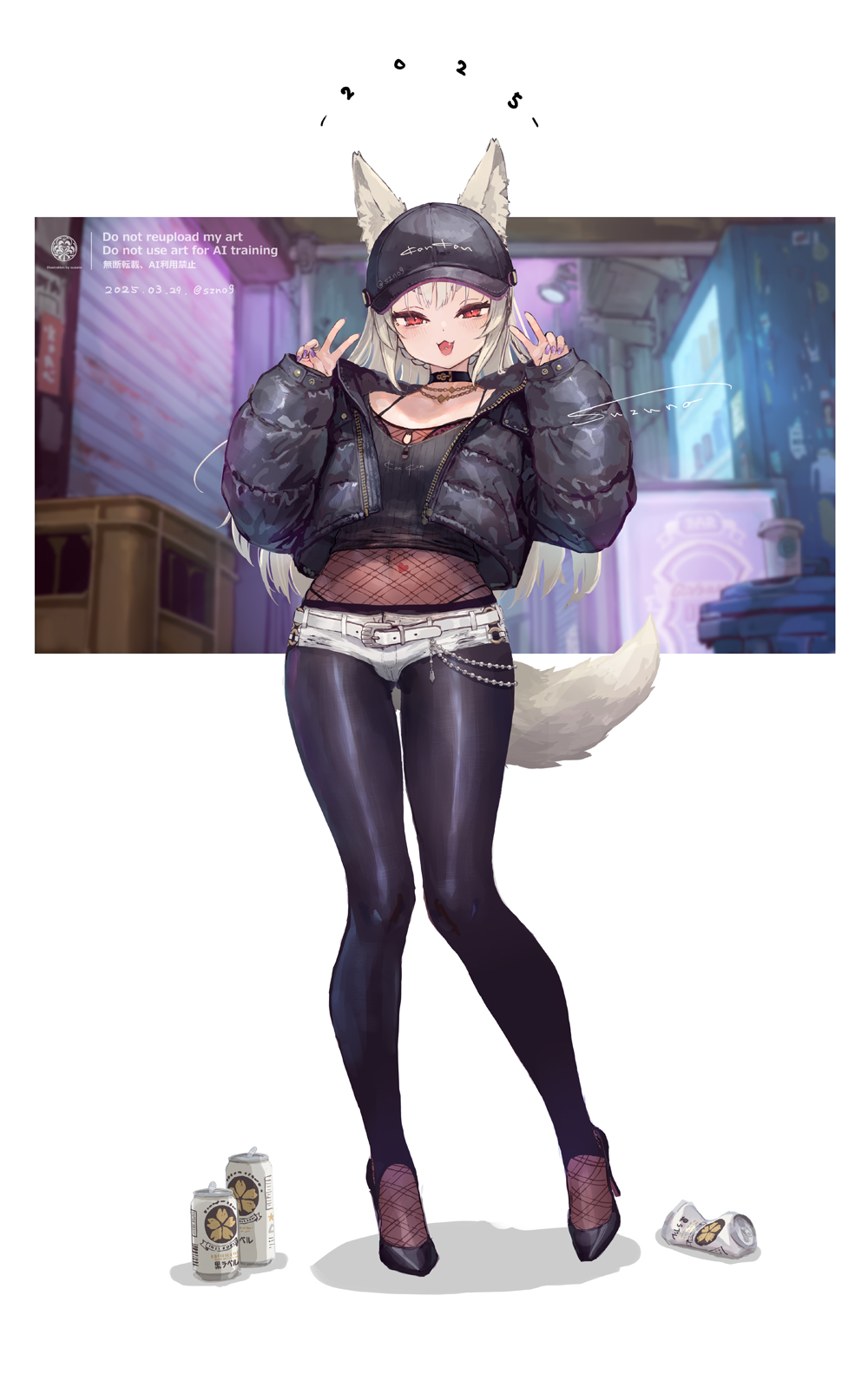 1girl 2025 :d animal_ear_fluff animal_ears asahi_breweries baseball_cap beer_can belt belt_buckle black_hat black_jacket black_pantyhose black_shoes breasts buckle can commentary_request cropped_jacket crushed_can dated double_v drink_can ears_through_headwear fox_ears fox_girl fox_tail full_body hands_up hat high_heels highres jacket long_sleeves nail_polish navel open_clothes open_jacket open_mouth original pantyhose pantyhose_under_shorts puffy_long_sleeves puffy_sleeves purple_nails shadow shoes short_shorts shorts signature sleeves_past_wrists small_breasts smile solo standing stirrup_legwear suzuno_(bookshelf) tail toeless_legwear v watermark white_belt white_shorts