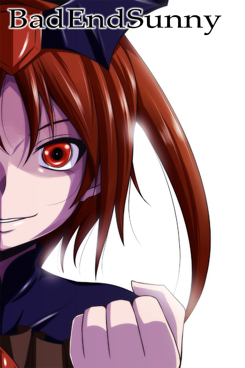 10s 1girl bad_end_precure bad_end_sunny bloom character_name dark_persona female_focus hair_ornament highres magical_girl md5_mismatch nishi_koutarou out_of_frame portrait precure red_eyes red_hair short_hair simple_background smile_precure! solo white_background