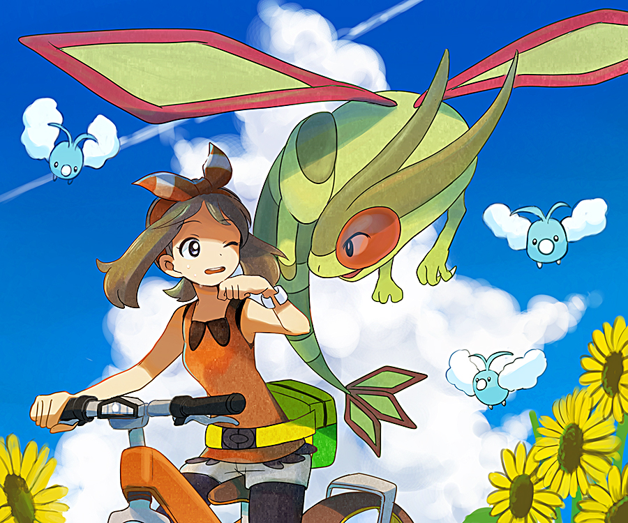 1girl bag bicycle bike_shorts bike_shorts_under_shorts bird bow bow_hairband brown_hair claws clenched_hand cloud cloudy_sky commentary_request fanny_pack flower flygon flying game_freak gen_3_pokemon grey_eyes hairband hand_up may_(pokemon) medium_hair nintendo one_eye_closed open_mouth outdoors pokemon pokemon_(creature) pokemon_oras popcorn_91 red_bow red_hairband red_shirt riding riding_bicycle shirt shorts sky sleeveless sleeveless_shirt sunflower swablu sweat white_shorts wings yellow_bag