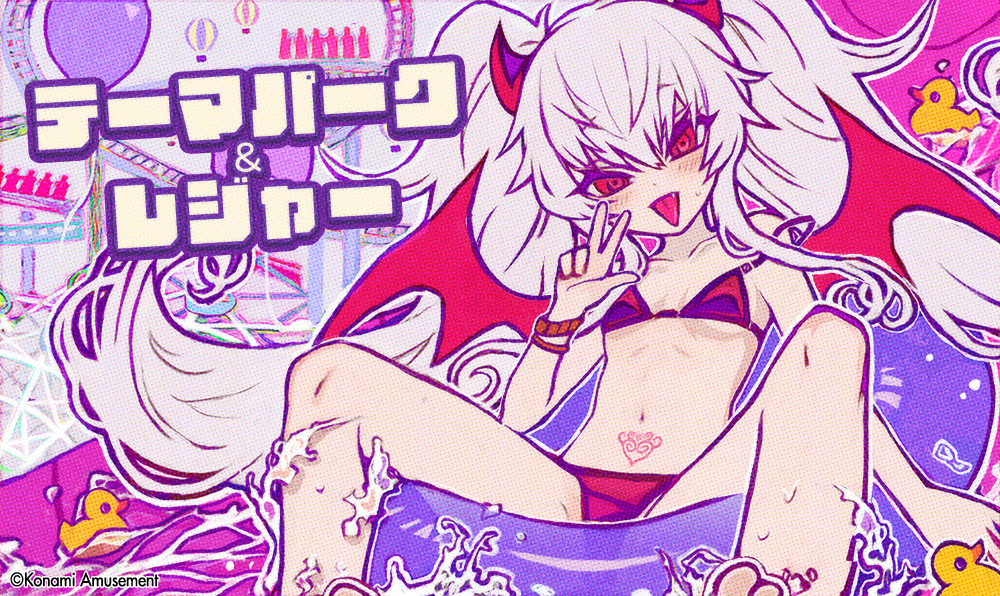 1girl :p bikini blush breasts commentary_request demon_girl demon_horns demon_wings fang grey_hair grim_aloe horns innertube long_hair looking_at_viewer official_art pubic_tattoo qma_staff quiz_magic_academy red_eyes rubber_duck small_breasts solo swim_ring swimsuit tattoo tongue tongue_out twintails v very_long_hair water wings