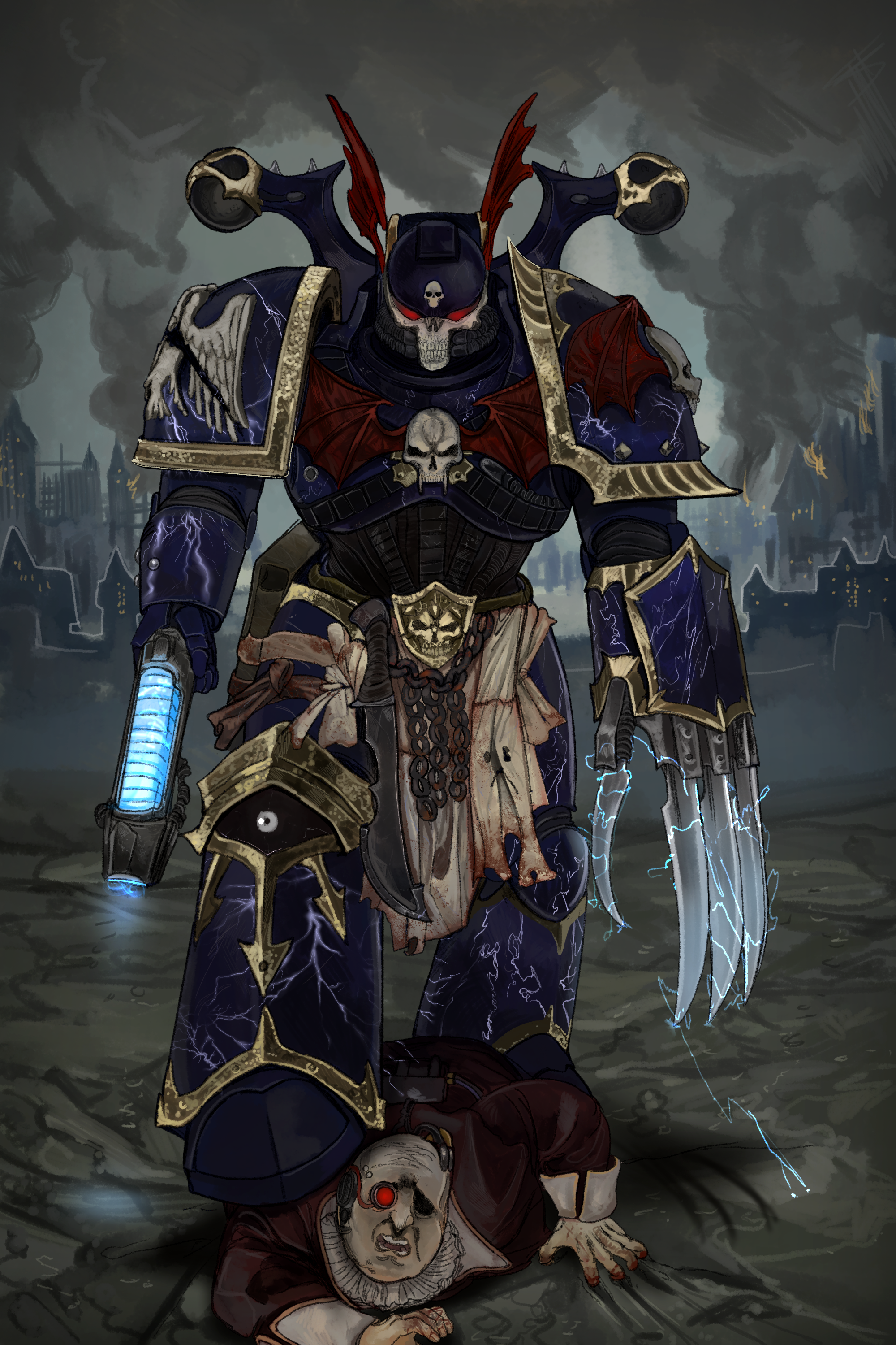 2boys absurdres adeptus_astartes armor bald breastplate chain chaos_space_marine cityscape collar crawling d: frilled_collar frills full_armor gauntlets head_wings helmet highres imminent_death kkghost_tv leg_armor lightning_claw loincloth multiple_boys night_lords open_mouth pauldrons plasma_pistol power_armor scared shoulder_armor single_gauntlet single_mechanical_eye skull standing_on_another's_back teeth warhammer_40k wings