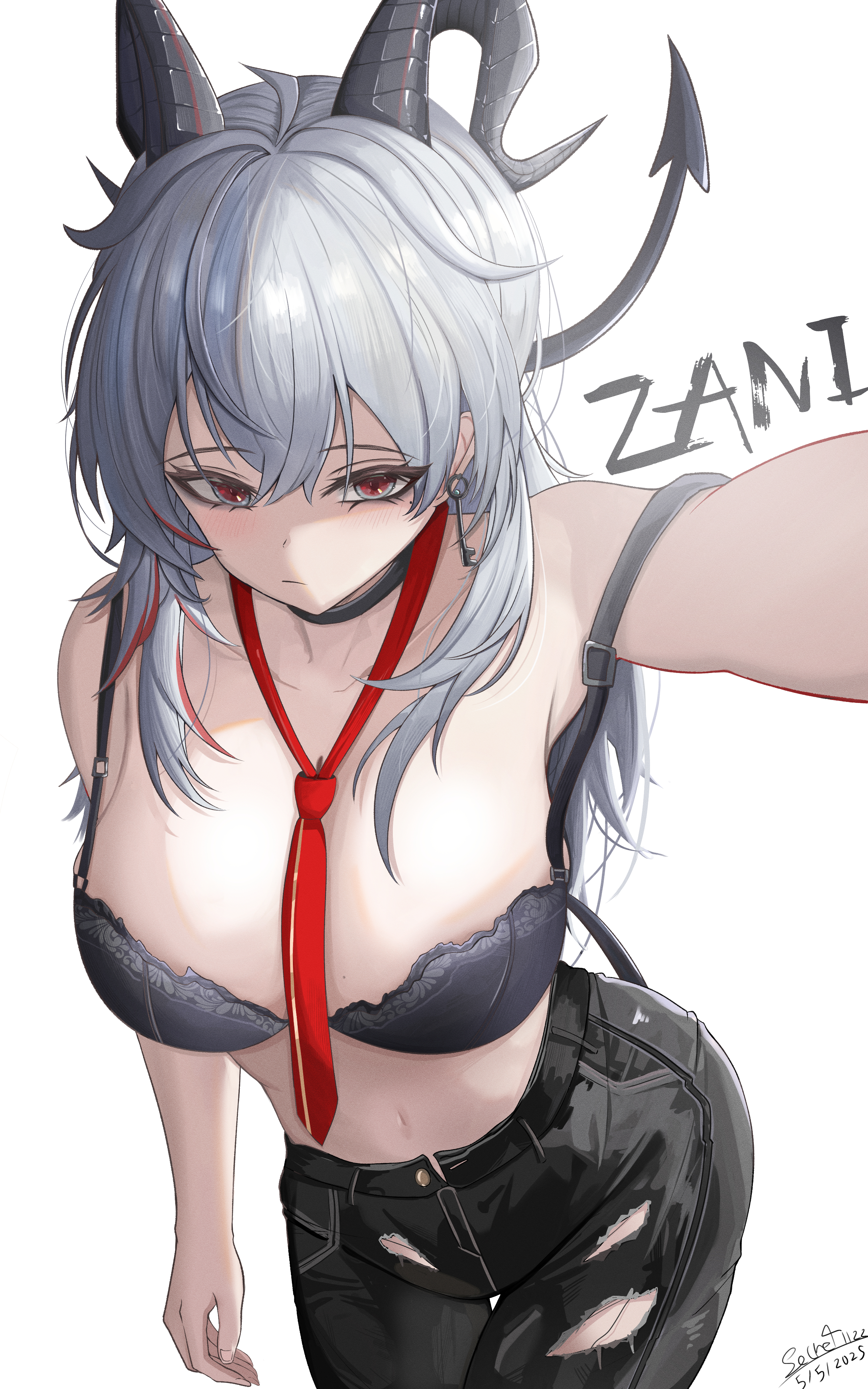 1girl absurdres bare_shoulders black_bra black_choker black_eyes black_horns black_pants black_tail blush bra breasts character_name choker closed_mouth collarbone commentary cowboy_shot curled_horns dated demon_tail earrings grey_hair highres horns jewelry key_earrings large_breasts long_hair multicolored_eyes navel necktie no_shirt pants red_eyes red_necktie secret1122 signature simple_background solo stomach tail two-tone_eyes underwear white_background wuthering_waves zani_(wuthering_waves)