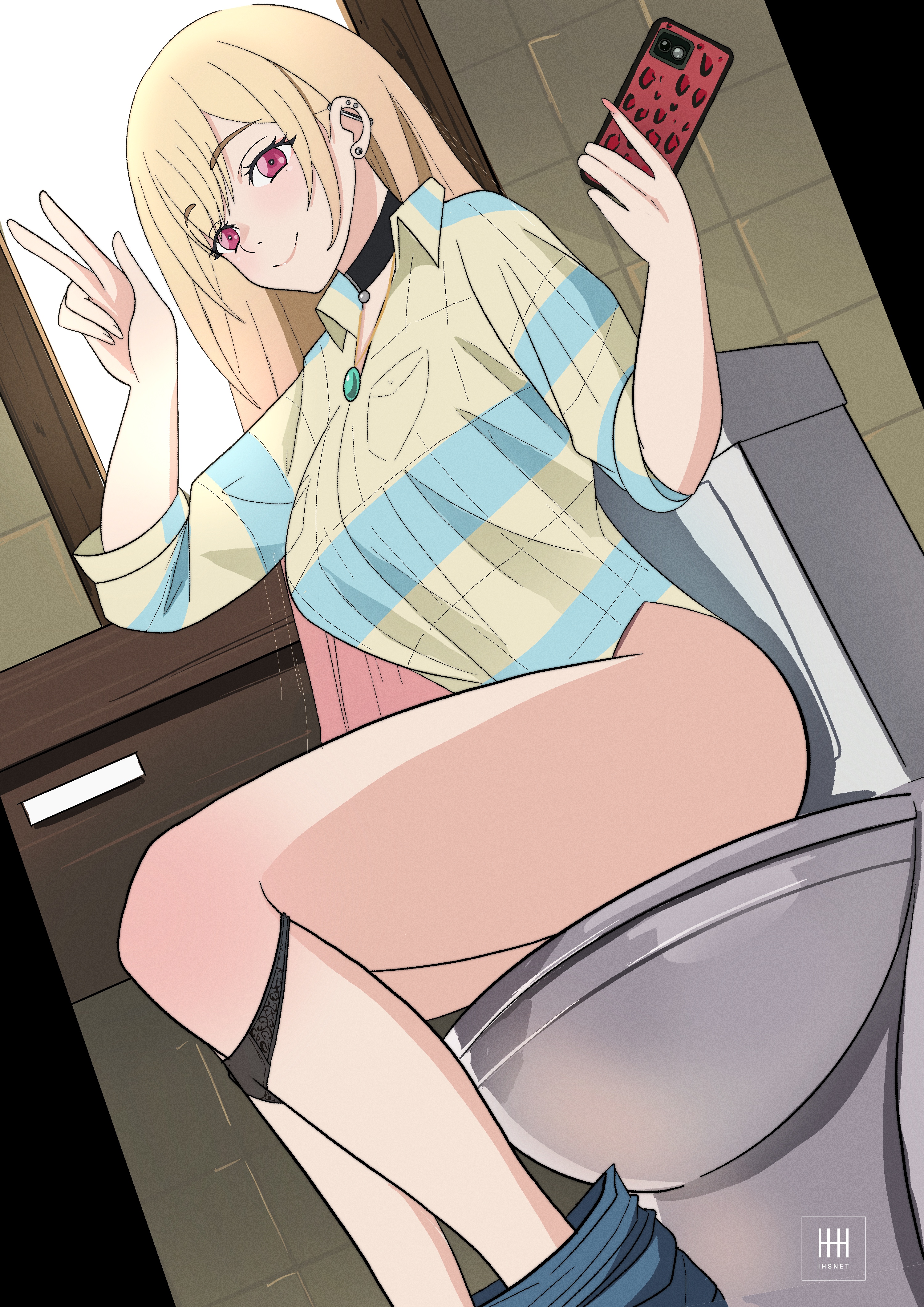 1girl absurdres black_panties blonde_hair blue_shirt breast_pocket cellphone closed_mouth commentary commission ear_piercing english_commentary eyelashes gradient_hair green_shirt highres holding holding_phone ihsnet indoors kitagawa_marin long_hair looking_at_viewer multicolored_hair on_toilet panties parted_bangs phone piercing pink_hair pocket shirt sitting smartphone smile solo sono_bisque_doll_wa_koi_wo_suru striped_clothes striped_shirt toilet toilet_use two-tone_hair underwear w