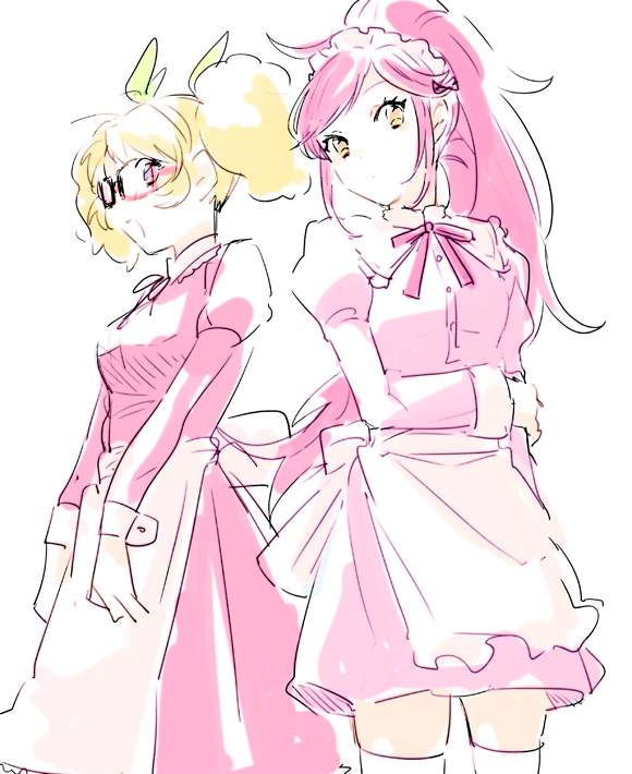 2girls afro_puffs aikatsu!_(series) apron blonde_hair dot_nose dress eyelashes glasses holding_own_arm juliet_sleeves long_sleeves multiple_girls open_mouth orange_eyes otoshiro_seira pink_dress pink_hair puffy_sleeves saegusa_kii shiman thighhighs waist_apron white_thighhighs