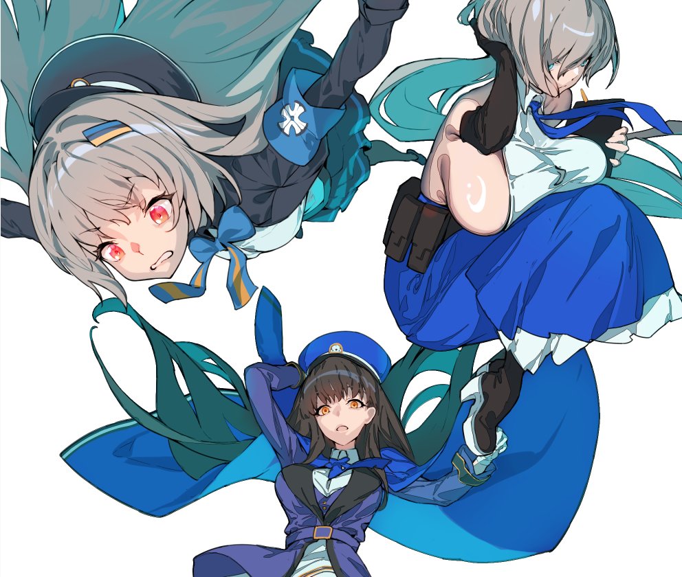 3girls armband backless_shirt bare_shoulders belt_pouch black_hair blue_armband blue_coat blue_eyes blue_necktie breasts brid_(nikke) coat coat_on_shoulders commentary diesel_(nikke) earrings english_commentary flying full_body gloves goddess_of_victory:_nikke grey_hair guratan hair_over_one_eye hat high_heels holding holding_tablet_pc huge_breasts infinity_rail_(nikke) jewelry large_breasts long_hair looking_at_viewer medium_breasts military_hat multiple_girls necktie open_mouth orange_eyes peaked_cap pouch shirt sideboob sideless_shirt sidelocks simple_background skirt soline_(nikke) tablet_pc teeth upper_body white_background white_gloves white_shirt