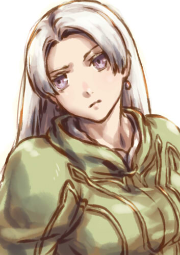 1girl breasts chris_lightfellow closed_mouth earrings gensou_suikoden gensou_suikoden_iii jewelry long_hair lowres purple_eyes simple_background solo white_background yokutsuki_noa